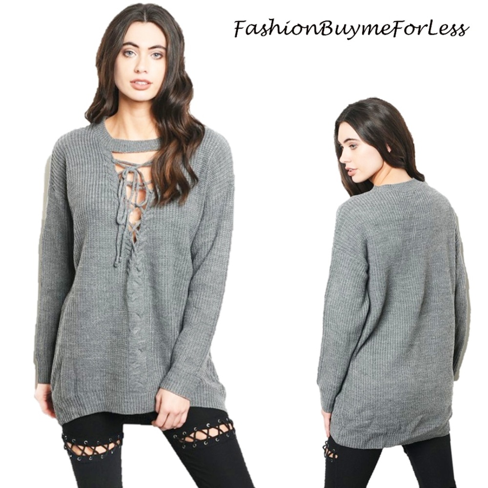Gray Lace Up Criss Cross Tie Eyelet Sweater Top